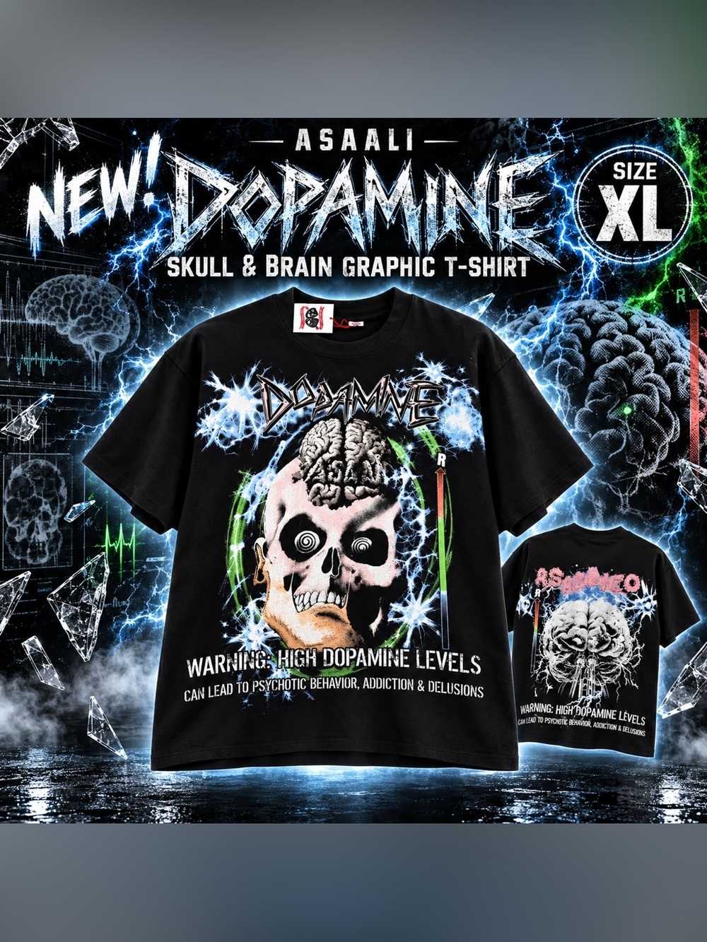 Black Asaali "Dopamine" graphic T-shirt featuring-skull/brain graphic!🔥New! XL